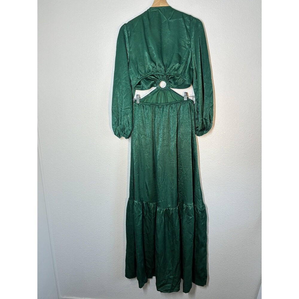 Peach Love California Dress Womens M Green Satin Cutout Ring Maxi Gown Fairy - Picture 15 of 16